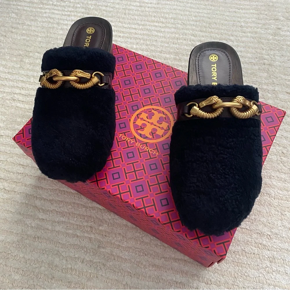 NWT Tory Burch Jessa Shearling Clogs perfect navy - Picture 14 of 14